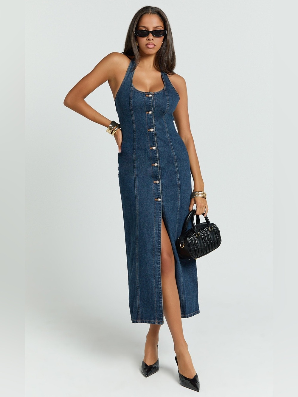 LIONESS Kenny Maxi Dress in Indigo blue denim jean backless